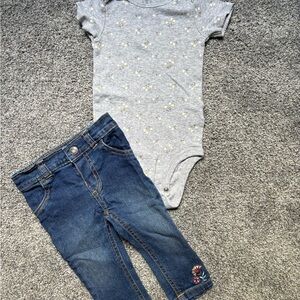 5/$15 Carter's Gray and Yellow Onesie with Blue Jeans